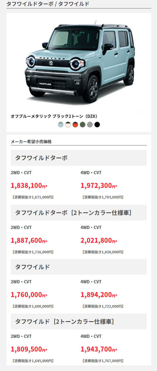 ハスラータフワイルド　グレード/価格